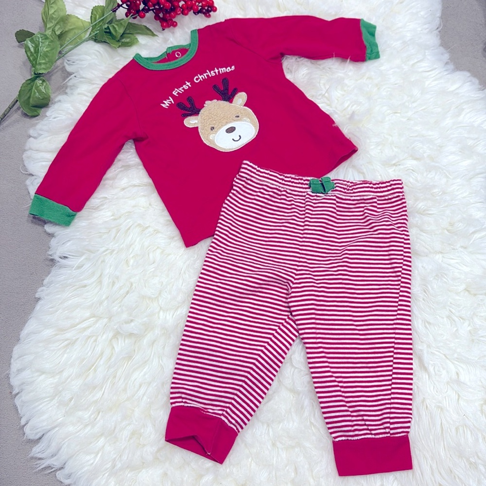 Little Me Baby’s "My First Christmas" 2 Piece Reindeer Set Red White Outfit 9M !